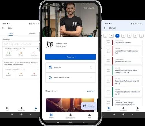 Pantallas de la app de Última Serie: reservas, perfil y agenda